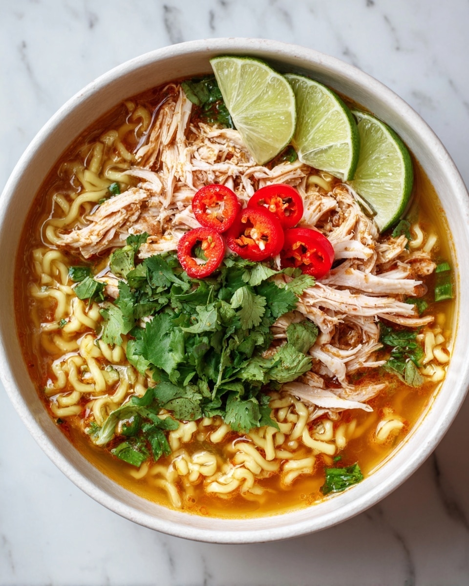 A white bowl holds a layered noodle soup with four main visible layers. The bottom layer shows a broth with a warm golden-brown color. Above the broth, there are soft, yellowish curly noodles filling most of the bowl. On top of the noodles, shredded cooked chicken in light beige shades spreads across the middle. Around the chicken, there are small green herb pieces. Garnishing the top are bright red chili slices placed slightly to one side, fresh green cilantro leaves in the center, and two lime wedges with a light green color on another side. The bowl sits on a white marbled surface. Photo taken with an iphone --ar 4:5 --v 7