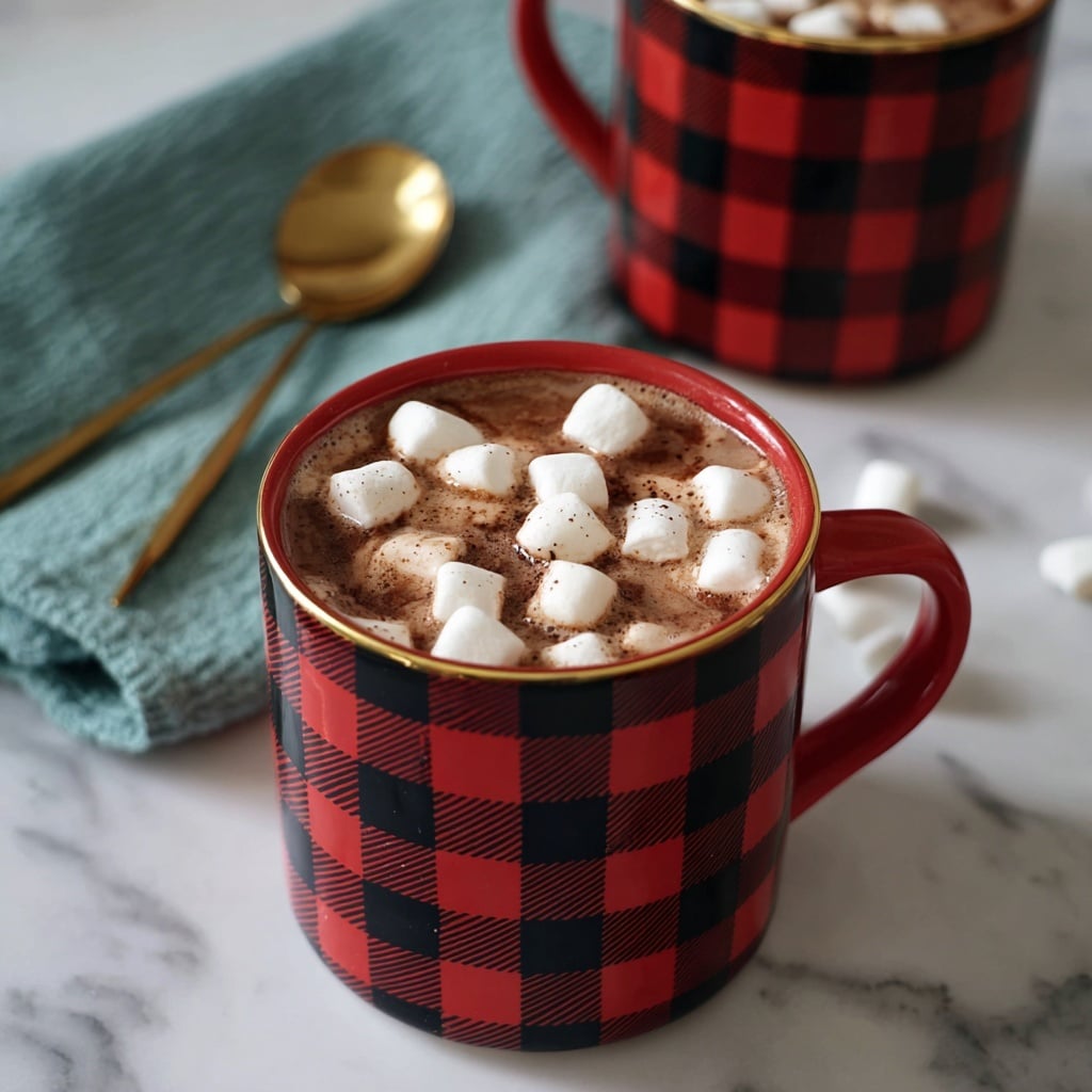 A red and black checkered mug filled with smooth, rich brown hot chocolate topped with a layer of small, fluffy white marshmallows that cover the surface fully. The mug is placed on a white marbled textured surface, with some marshmallows scattered around. A blue cloth and a golden spoon are partially visible next to the mug, adding color contrast. Another similar mug with the same drink and marshmallows can be seen slightly blurred in the background. Photo taken with an iphone --ar 4:5 --v 7
