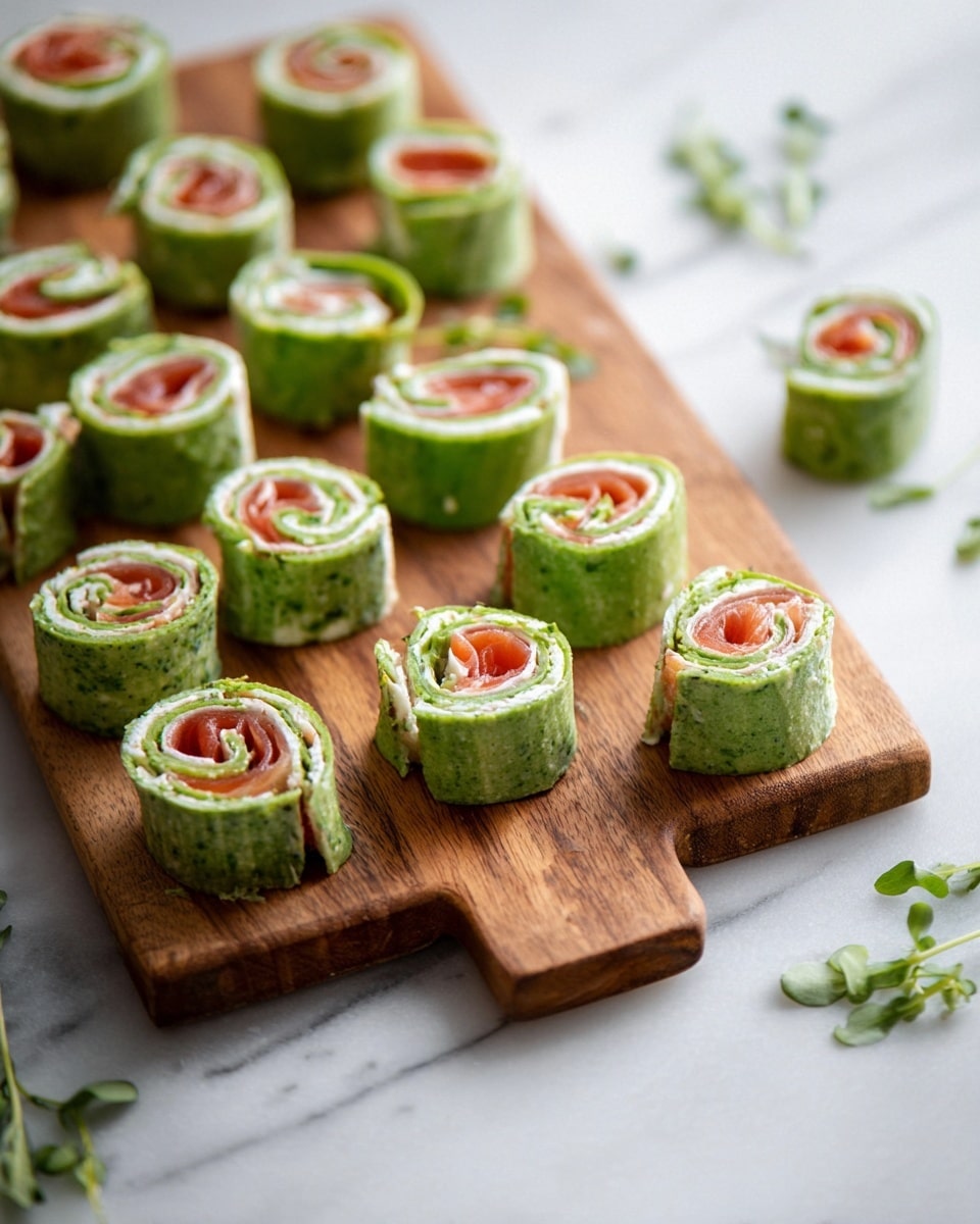 A wooden board holds fifteen small green spiral wraps, each made of three visible layers: a green outer wrap with leafy texture, a white creamy middle layer, and a red inner layer resembling smoked salmon, all rolled tightly and cut into bite-sized pieces. The wraps are neatly arranged in a close grid near the front of the board. To the right on a white marbled surface lay additional wrap slices and scattered green herb pieces, with soft natural lighting casting gentle shadows. The background is blurred but contains hints of green leaves. Photo taken with an iphone --ar 4:5 --v 7