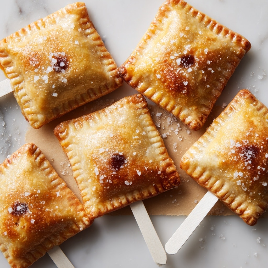 The image shows five square-shaped pastry pops arranged on a baking tray lined with brown parchment paper, set on a white marbled surface. Each pastry has a golden brown, flaky crust with a slightly puffed texture and crimped edges, sprinkled with coarse salt on top. Sticking out from one side of each pastry is a white stick, making them resemble handheld pies on sticks. The pastries are evenly spaced, showcasing their warm, baked color and flaky layers. Photo taken with an iphone --ar 4:5 --v 7