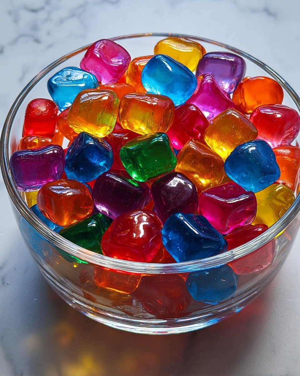 A close-up image of a white bowl filled to the top with shiny, small, colorful jelly-like beads. The beads come in many colors including red, orange, yellow, green, blue, purple, pink, and white, each with a smooth, glossy texture that reflects light. The beads are piled unevenly, creating a bumpy surface with a mix of round and slightly irregular shapes. The bowl sits on a white marbled surface, and the photo captures the bright, clear, and sparkling appearance of the beads. photo taken with an iphone --ar 4:5 --v 7