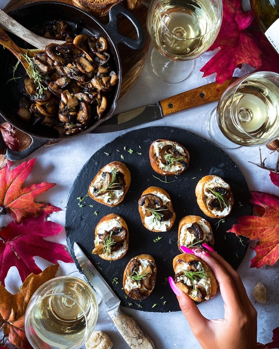 The image shows a black slate board topped with small, round toasted bread slices, each layered with a white creamy spread, slightly browned roasted mushrooms, and garnished with green herbs. To the left, a cast iron skillet holds more mushrooms cooked with herbs, and a small fork with a wooden handle rests inside it. Three glasses filled with white wine are placed over the board, casting soft reflections. A woman's hand with pink painted nails is picking up one of the mushroom toasts. Surrounding the board are bright pink and red autumn leaves, alongside a bottle of wine and a white-handled knife. The scene is set against a white marbled texture. Photo taken with an iphone --ar 4:5 --v 7