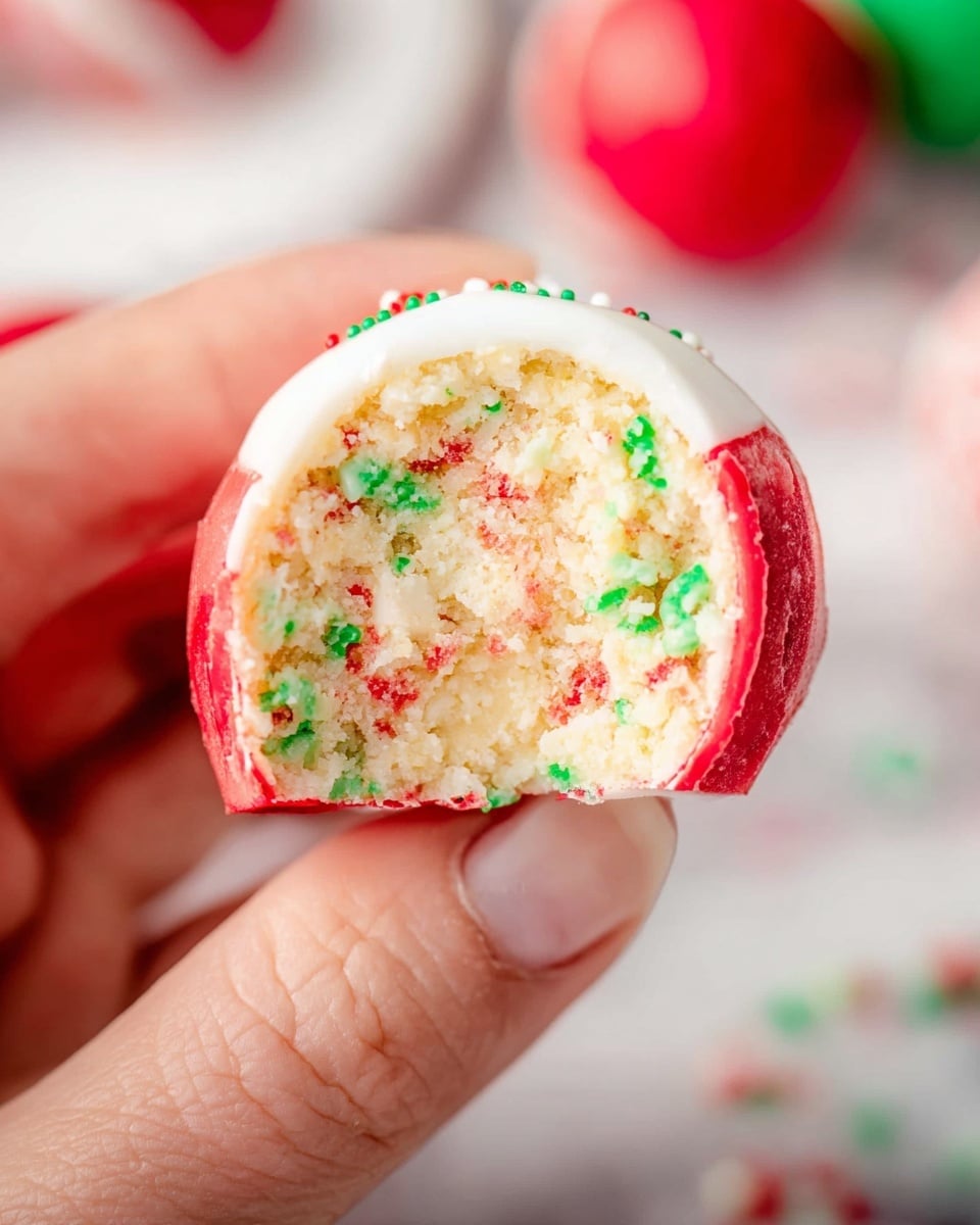 A white plate holds five round dessert balls coated in smooth white chocolate, each decorated with red drizzle lines in different patterns and sprinkled lightly with green sugar crystals, giving a festive holiday look. The plate sits on a bright red cloth with a subtle textured pattern, placed on a white marbled surface. In the background, slightly out of focus, there is a white bowl with green sprinkles, a glass filled with a creamy white drink, and some red and white round ornaments adding to the festive atmosphere. photo taken with an iphone --ar 4:5 --v 7