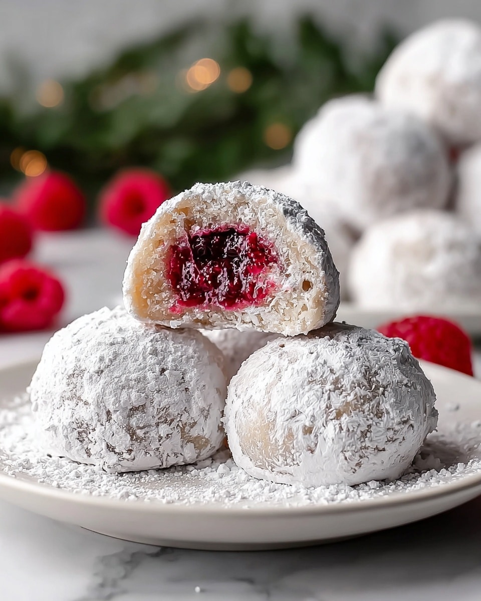 The image shows several small round balls coated in powdered sugar, placed on a white marbled surface. One ball is cut open in the front center, revealing a bright red, juicy raspberry filling in the middle layer, surrounded by a pale, soft, and slightly translucent outer dough layer dusted with powdered sugar. The balls have a powdery texture on the outside with some sugar scattered around them. In the blurred background, there is a white bowl filled with fresh red raspberries. photo taken with an iphone --ar 4:5 --v 7