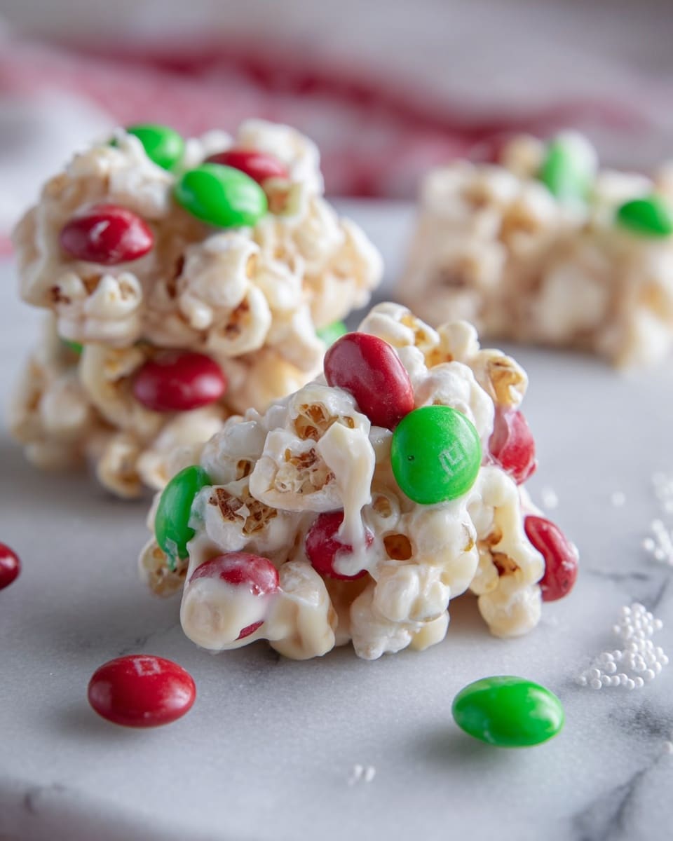 A small pile of white chocolate-covered pretzels stacked on a white rectangular plate with a white marbled surface below. The pretzels are coated in a creamy white layer that looks smooth and slightly glossy. Mixed into the pile are white popcorn pieces with a rough, puffy texture, and sprinkled around them are bright red and green candy-coated chocolates, some round and shiny with a smooth surface, adding a festive touch. There are also small white sprinkles scattered on top, giving the stack an extra textured look. In the background, holiday decorations with green, red, and white colors are softly blurred. photo taken with an iphone --ar 4:5 --v 7