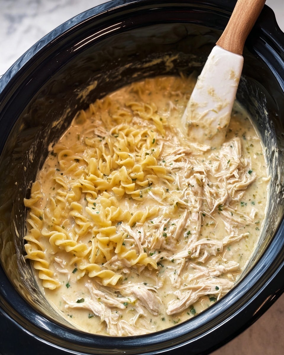 The image shows a creamy chicken noodle dish inside a black slow cooker, with a white spatula lifting a scoop of noodles and shredded chicken from the pot. The dish has two main layers: the first layer is soft, curly egg noodles in a pale yellow color, covered in a smooth, shiny cream sauce with specks of herbs. The second layer is tender, white shredded chicken pieces mixed evenly among the noodles. The noodles and chicken glisten as they catch the light from the sauce, and the spatula has a simple wooden handle with a white silicone scoop. The background is a white marbled texture. photo taken with an iphone --ar 4:5 --v 7