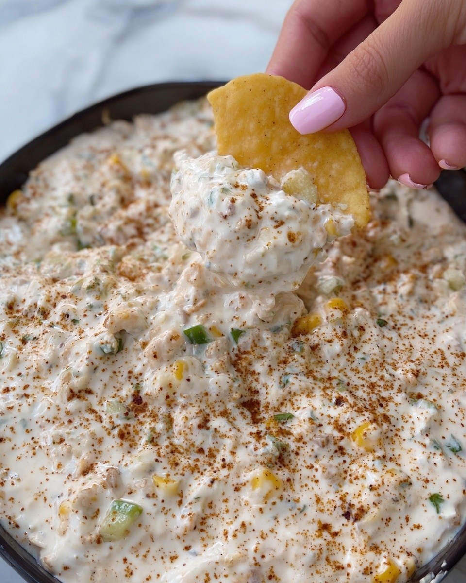 A close-up view of a single-layer creamy dish inside a black slow cooker, featuring yellow corn kernels mixed in a thick, white creamy sauce. Small green and red bits are scattered through the mixture, adding slight touches of color. The top surface is sprinkled lightly with a layer of brownish spice powder. The cooker is set on a white marbled surface, with a bag of traditional yellow corn chips visible blurred in the background. Photo taken with an iphone --ar 4:5 --v 7