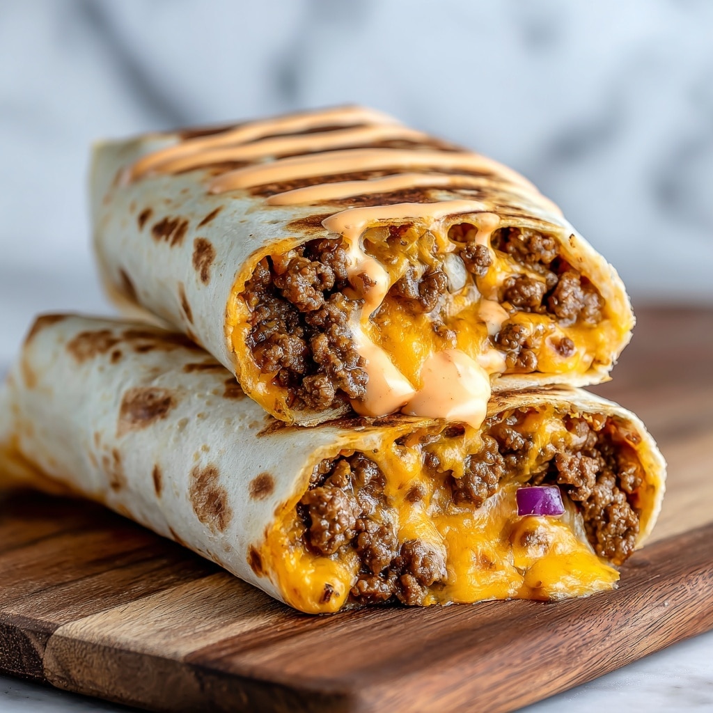 This image shows a close-up of a burrito cut in half and stacked, with the top half leaning on the bottom one. The outer layer is a lightly toasted flour tortilla with brown grilled spots and a drizzle of creamy orange sauce on top. Inside, the burrito is filled with a mix of cooked ground beef in a brown color, melted orange cheddar cheese, and small pieces of purple onion scattered throughout. The filling looks moist with the cheese melted around the beef, and the sauce adds a smooth texture on the surface. The burritos are placed on a wooden board with a softly blurred background and a white marbled surface. photo taken with an iphone --ar 4:5 --v 7