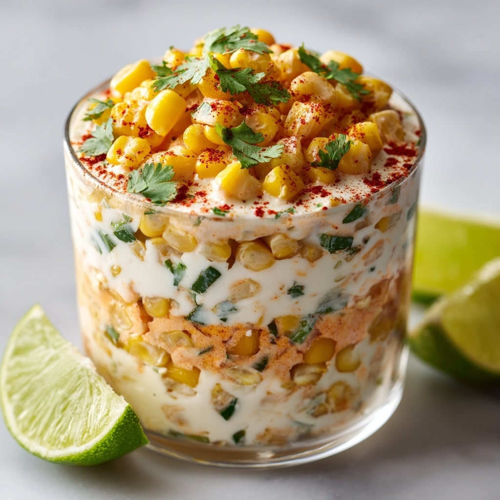 The image shows a clear plastic cup filled with creamy corn salad. The dish has multiple layers of yellow corn kernels mixed with white creamy sauce and small green herb pieces evenly spread throughout. On top, there is a thick layer of corn covered with a light sprinkling of reddish spice and fresh green herbs. Two lime wedges sit next to the cup on a white marbled surface. The background is blurred and dark blue, making the colors of the food pop. Photo taken with an iphone --ar 4:5 --v 7