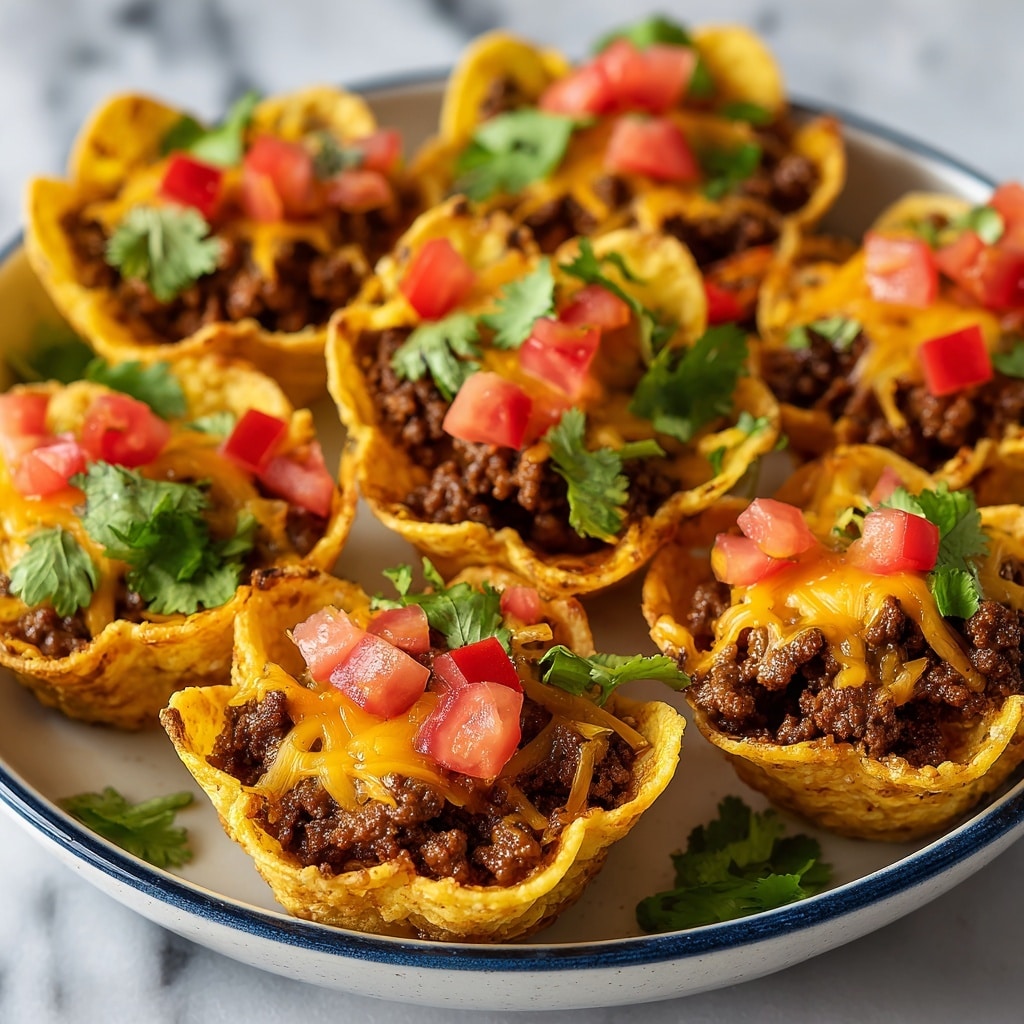 This image shows several small taco cups piled in a white bowl. Each cup has three main layers: the outer golden-brown crispy shell with ruffled edges, a middle layer of brown cooked ground beef filling, and the top layer has bright orange melted cheddar cheese, small red diced tomato pieces, and green chopped cilantro sprinkled over it. The bowl sits on a white marbled surface, and the light makes the cheese look soft and gooey while the shell looks crunchy. photo taken with an iphone --ar 4:5 --v 7