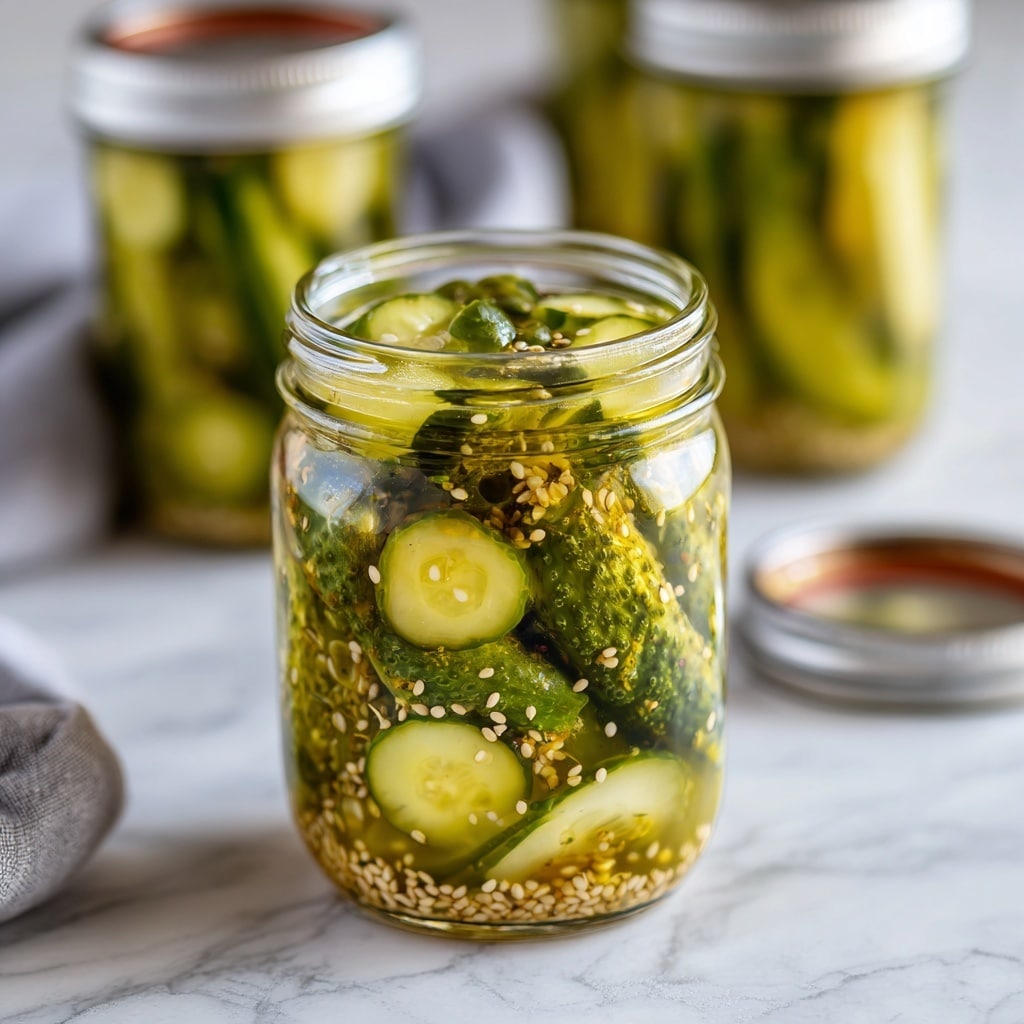 A clear glass jar filled with light green pickles submerged in yellowish-green brine, showing several pickles stacked inside. One pickle, oily and textured with a light shine, is held above the jar by a silver fork with a shiny metal finish. The jar lid with a white and orange rim is placed nearby on a white marbled surface. The image is close up, focusing on the jar opening and the pickle on the fork, with soft brown tones blurry in the background. Photo taken with an iphone --ar 4:5 --v 7