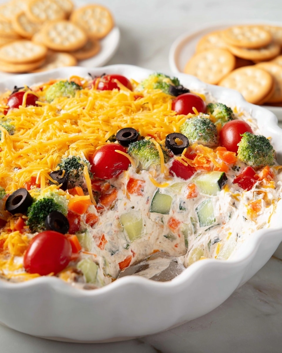 A close-up view of a white round dish filled with a fresh vegetable salad arranged in layers: the bottom layer has small green broccoli florets and light cauliflower pieces, the middle layer consists of chopped orange carrots and black olive slices scattered evenly, followed by a generous layer of halved bright red cherry tomatoes on top, all topped with a thick cover of shredded yellow cheddar cheese. The dish sits on a white marbled texture surface with blurred yellow crackers visible in the background. Photo taken with an iphone --ar 4:5 --v 7