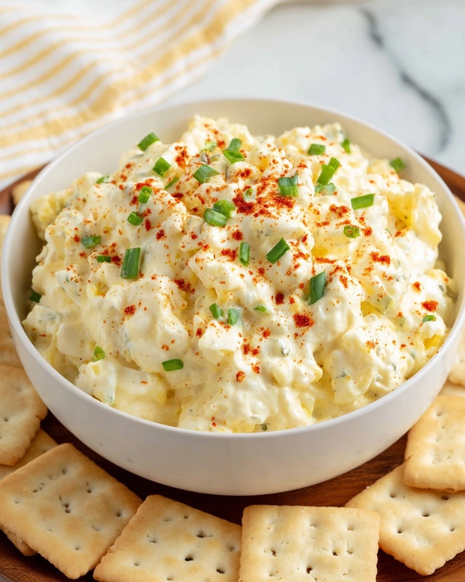 A white bowl filled with a creamy, pale yellow egg salad mixed with small chunks of egg and mayonnaise, topped with small pieces of green chives and light red paprika sprinkled evenly on top. The bowl sits on a wooden plate, surrounded by light beige square crackers with small holes and slightly rough texture. The background features a white marbled surface with a soft white and yellow striped cloth blurred behind. Photo taken with an iphone --ar 4:5 --v 7