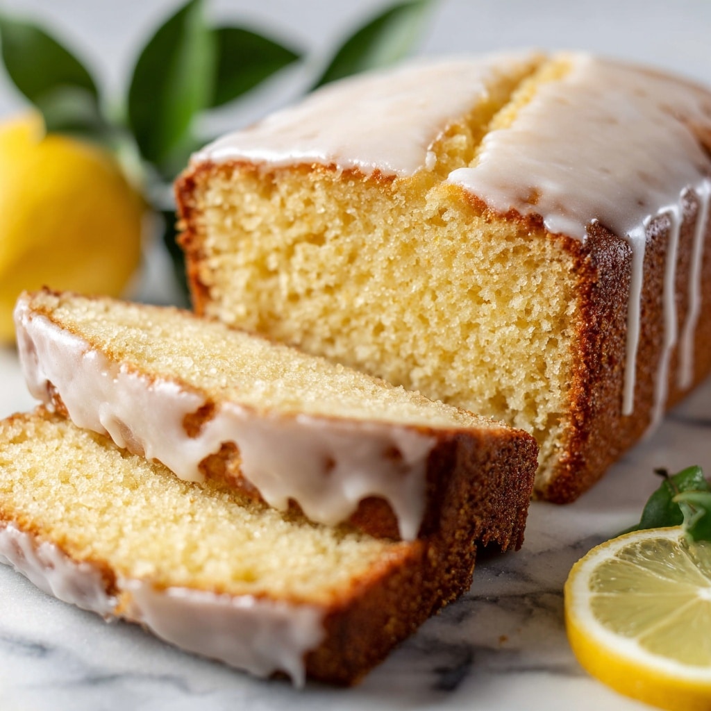 A close-up of a moist yellow cake loaf cut into thick slices, showing a soft crumb texture inside with a slightly golden-brown crust on the edges. The top has a smooth, white glaze glaze unevenly spread, dripping slightly down the sides. The cake rests on a white marbled surface with a few lemon pieces and blurred green leaves in the background. photo taken with an iphone --ar 4:5 --v 7