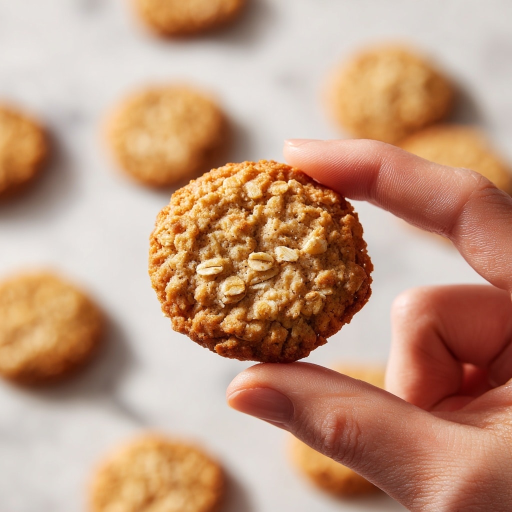 A close-up of a small, round oatmeal cookie held between a woman's thumb and forefinger of her right hand, showing the cookie's rough texture with visible rolled oats and small brown specks, giving it a golden-brown and slightly uneven surface. In the blurred background, more cookies lie scattered on a white marbled surface, creating a soft, cozy feel. Photo taken with an iphone --ar 4:5 --v 7
