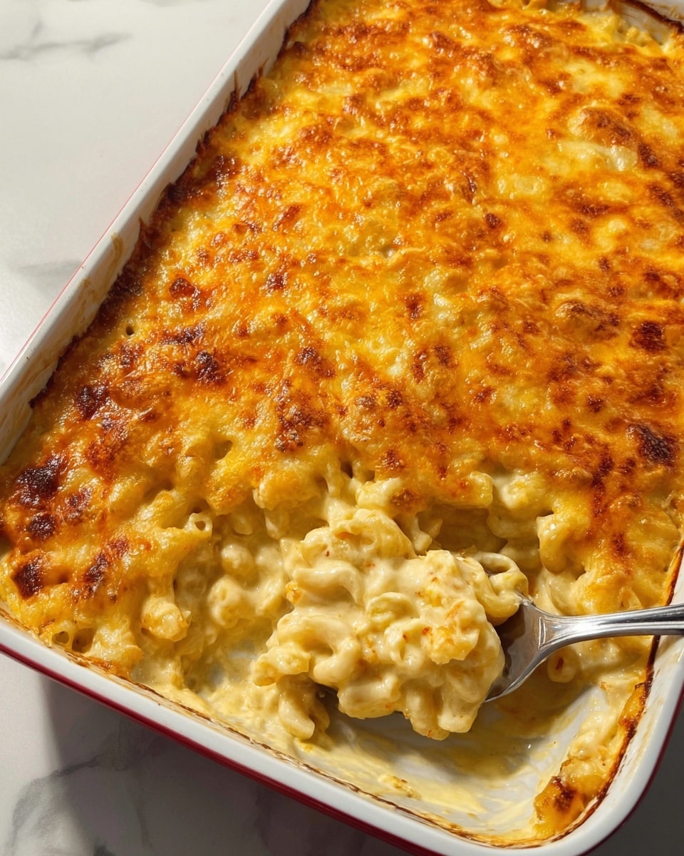 The image shows a close-up top view of a baked macaroni and cheese dish in a white rectangular baking tray. The dish has one main layer filled with small elbow macaroni pasta covered in melted cheddar cheese, which is golden yellow with some dark brown toasted spots across the surface. The texture looks creamy and bubbly, with the cheese appearing gooey and slightly crisp on top. The edges of the tray show some baked cheese spills, adding to the homemade feel. The tray is placed on a white marbled textured surface. photo taken with an iphone --ar 4:5 --v 7