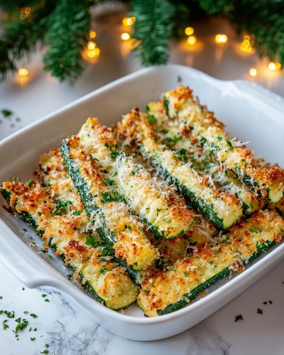 A white baking dish is filled with multiple zucchini slices cut into sticks, arranged in layers. Each zucchini stick is green on the outside and light yellow on the inside, coated with a golden, crispy breadcrumb and cheese topping that is slightly browned from baking. Fresh green herb sprinkles are scattered over the top, adding a bright contrast. The dish sits on a white marbled surface, with small green herb leaves and cheese crumbs scattered around. In the background, soft warm lights and some green pine branches create a cozy atmosphere. photo taken with an iphone --ar 4:5 --v 7