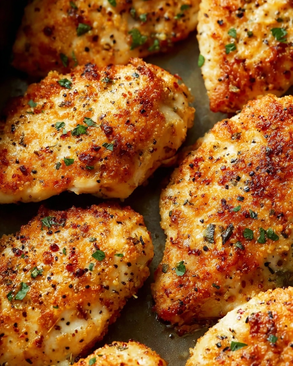 The image shows three pieces of cooked chicken breast with a golden-brown crispy coating on top. The coating looks crumbly and has small green herb bits scattered over it. The chicken pieces are placed close to each other on a clean white marbled surface, with light shining softly to highlight the crunchy texture. The pieces have uneven browning, showing some darker brown spots and lighter creamy areas, giving a home-cooked feel. Photo taken with an iphone --ar 4:5 --v 7