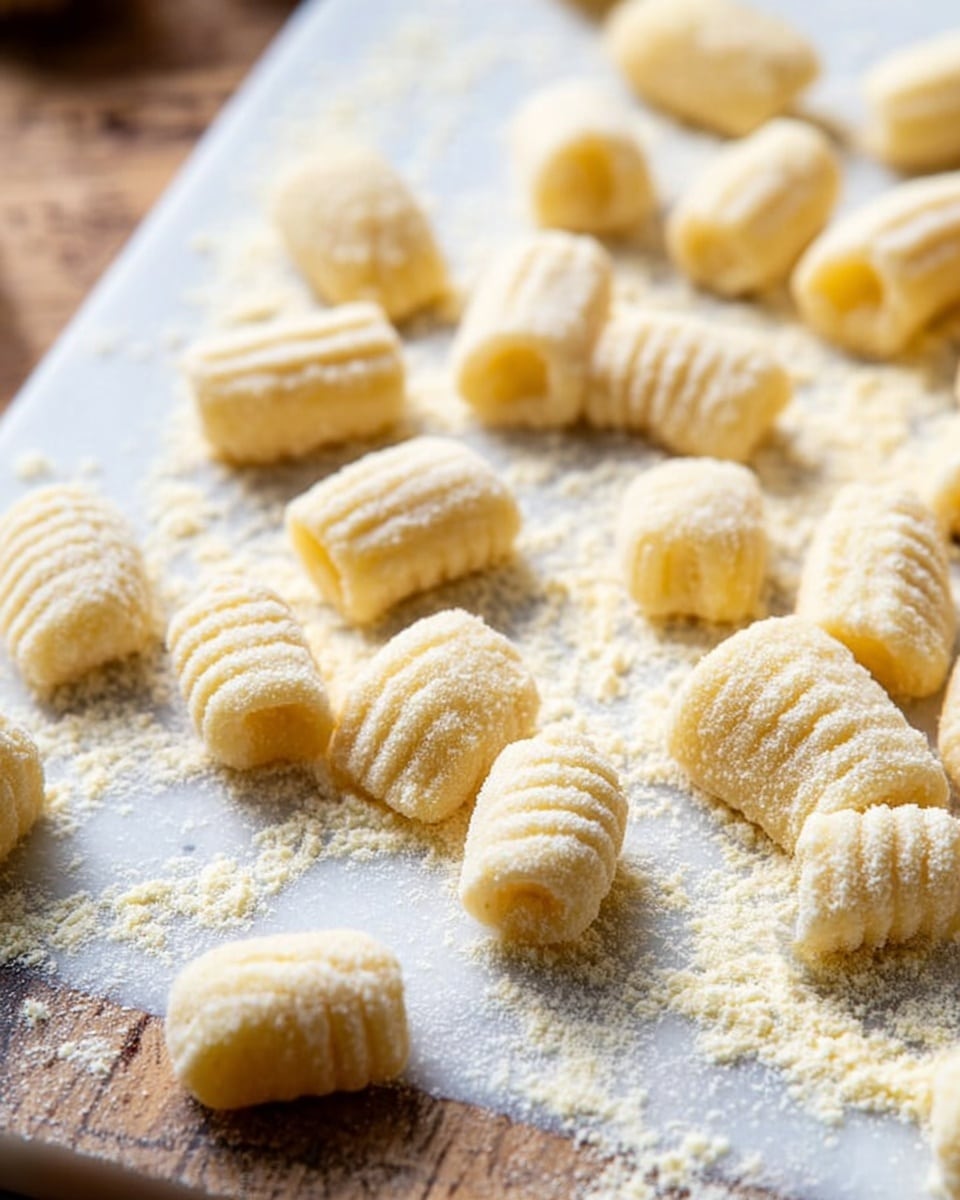 The image shows fresh gnocchi being prepared on a white marbled board dusted with flour. There is a long dough roll in the middle right, off-white in color with a soft and slightly rough texture. Several small, pillow-shaped gnocchi pieces, pale cream with a dusting of flour, are scattered around the board, each piece with rounded edges and a light, soft texture. The background shows a blurred knife with a wooden handle resting on the board. photo taken with an iphone --ar 4:5 --v 7