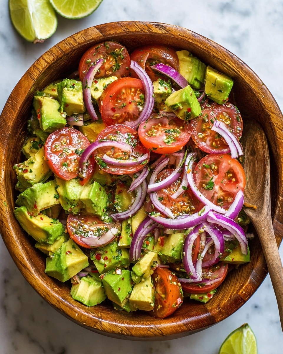 A wooden bowl filled with three main layers of fresh ingredients arranged side by side: bright red chopped tomatoes on the left, thinly sliced purple onions in the middle, and diced green avocados on the right, all sprinkled with finely chopped green herbs. On top of the avocado layer are three lime wedges, adding a fresh citrus touch. In the background, there are small wooden bowls with spices and herbs on a white marbled surface. photo taken with an iphone --ar 4:5 --v 7