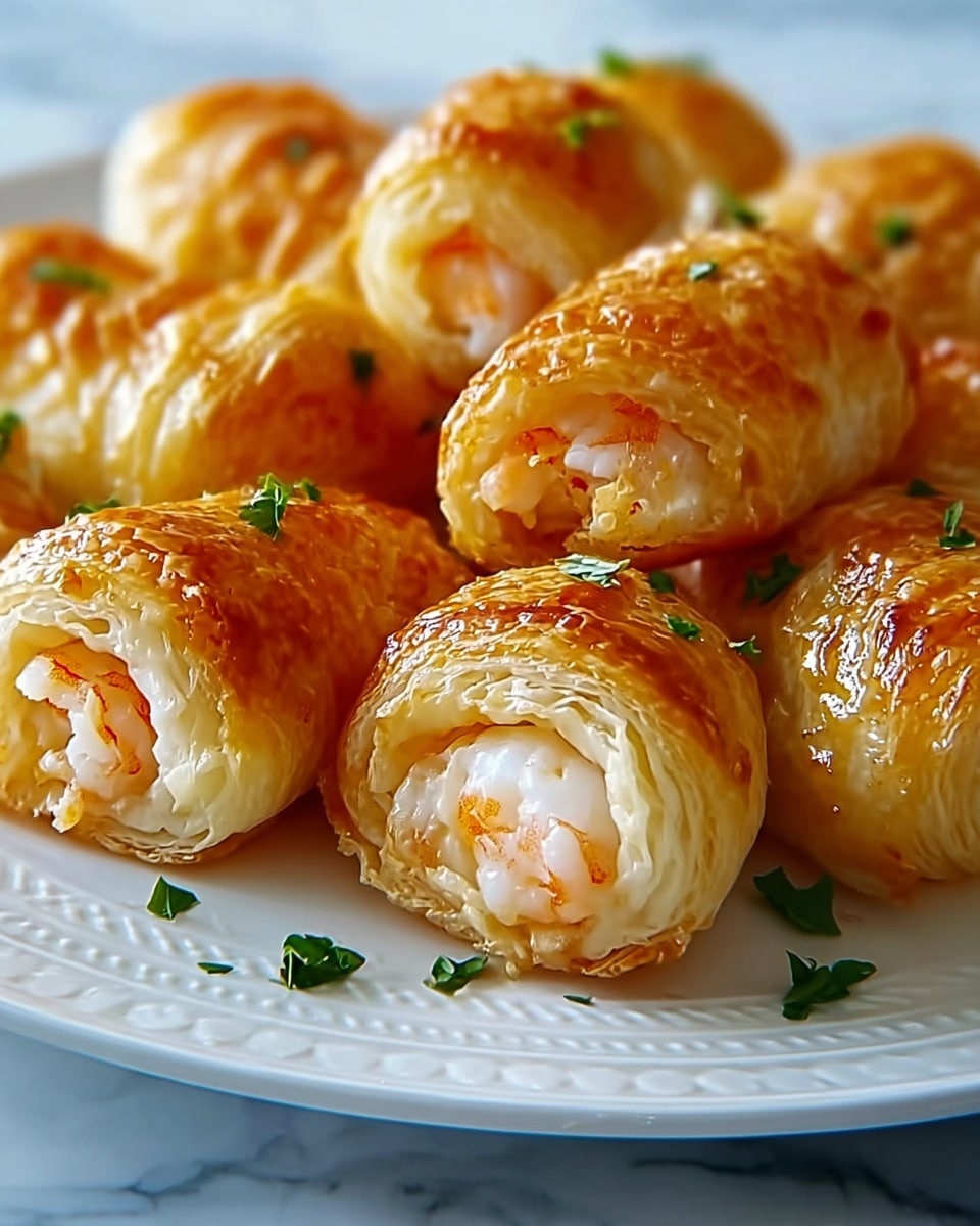 The image shows a close-up of golden-brown, crispy pastry rolls arranged on a white plate with a subtle patterned edge. Each roll is made of multiple flaky layers with a glazed shiny surface. The inside of the rolls reveals a filling of white and slightly orange pieces that look like shrimp or seafood. Small green herb leaves are sprinkled on top and around the plate for decoration. The background is a white marbled texture. photo taken with an iphone --ar 4:5 --v 7