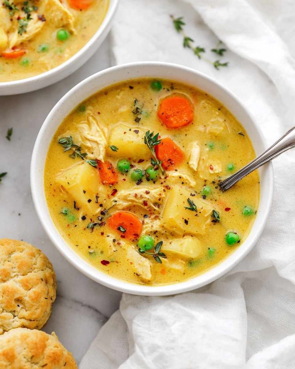 Two white bowls filled with creamy yellow chicken stew sit on a white marbled surface. The stew shows visible layers of chunky pieces: pale yellow potato cubes, orange carrot slices, green peas, and white chicken bits all mixed in the smooth yellow broth, topped with fresh green herbs and black pepper specks. A silver spoon rests inside the front bowl, lifting some stew with vegetables. Behind the bowls are two golden brown biscuits with a slightly crumbly texture. A white cloth is casually placed in the corner. photo taken with an iphone --ar 4:5 --v 7