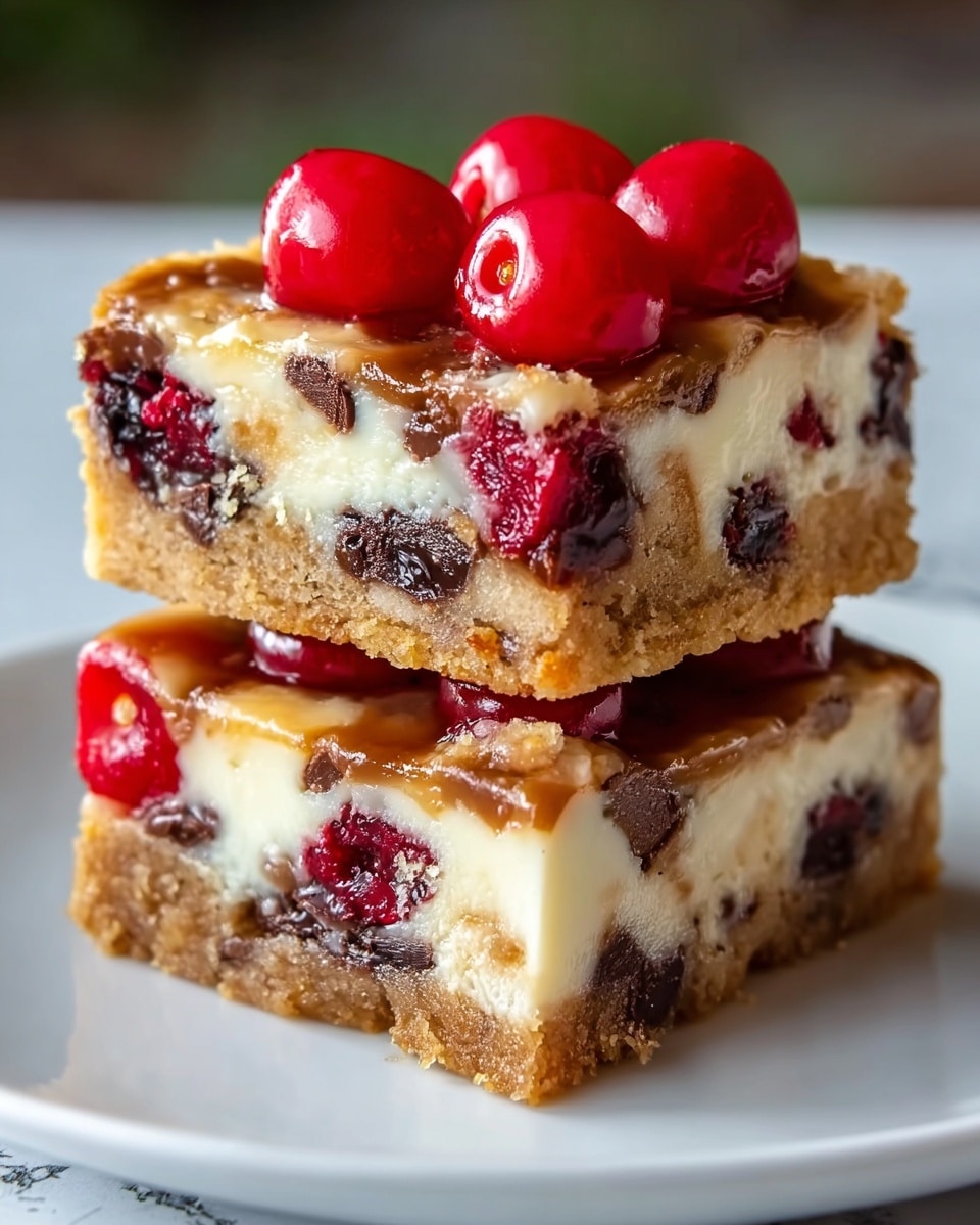 Two stacked dessert bars on a white plate with a white marbled background. Each bar has three layers: the bottom layer is thick, golden brown, and crumbly; the middle layer is creamy white with bits of dark chocolate and deep red dried fruit mixed inside; the top layer is a slightly browned, glossy custard holding four shiny, whole, bright red cherries placed evenly on the top bar. The texture is soft and slightly gooey with visible chunks inside. Photo taken with an iphone --ar 4:5 --v 7