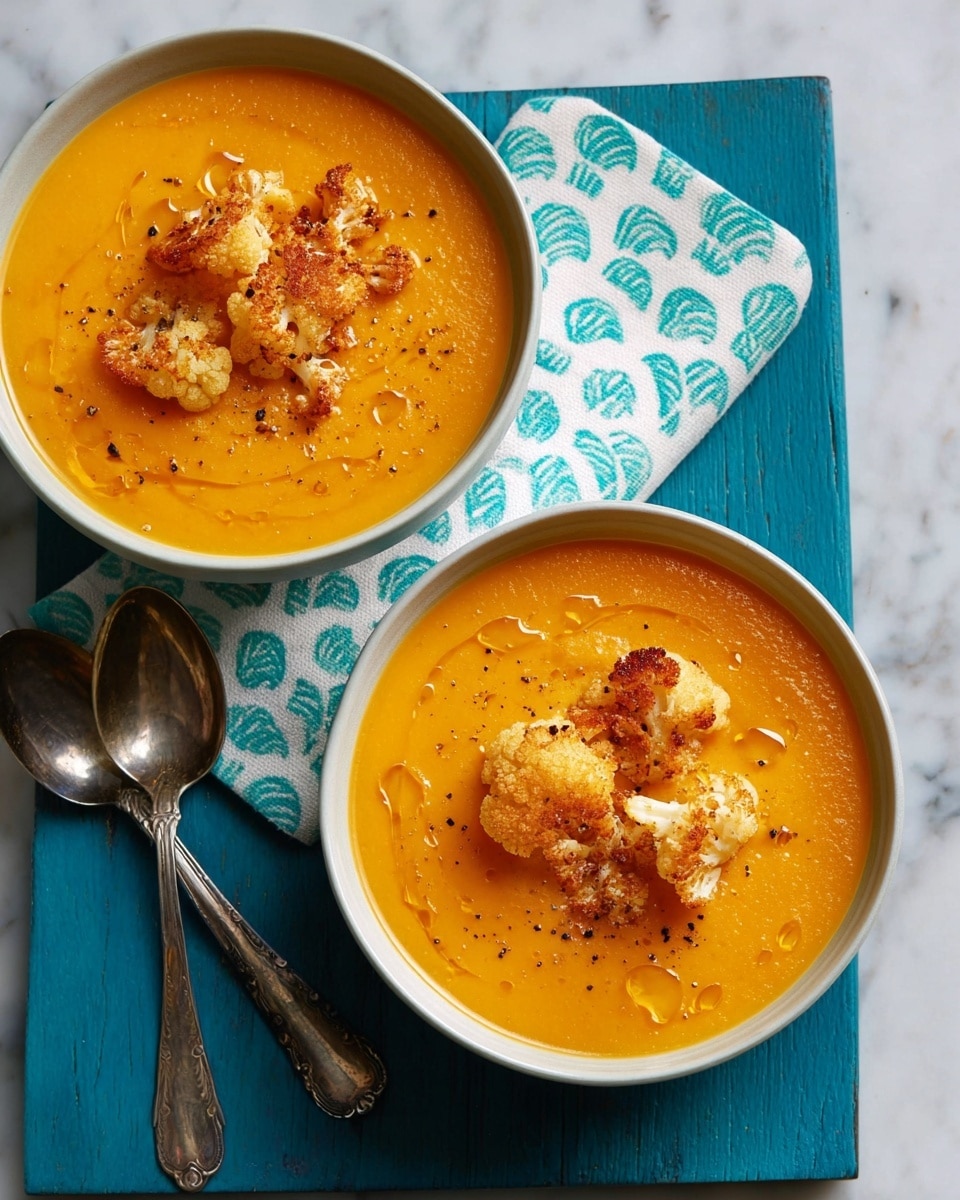 Two white bowls filled with smooth, bright orange soup are placed on a rustic light blue wooden board. Each bowl has several pieces of lightly browned, crispy croutons floating on top, along with a few drops of oil and small black pepper specks scattered over the soup surface. Next to the top bowl, there are two silver spoons resting on a white cloth with a blue pattern. The background is a white marbled texture that enhances the vibrant colors of the soup and croutons. photo taken with an iphone --ar 4:5 --v 7