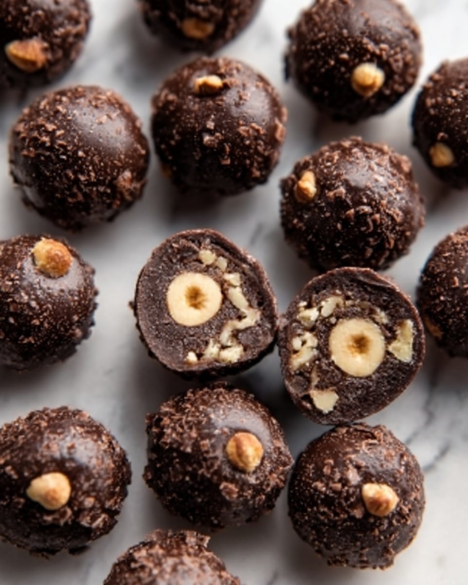 The image shows many small round chocolate balls with a rough texture, placed on a white marbled surface. Each chocolate ball is dark brown and has an uneven coating that looks crunchy. Some balls are sliced in half, showing three layers inside: a smooth dark chocolate outer layer, a crunchy middle layer mixed with small nut pieces, and a whole hazelnut in the center. The nuts inside are golden brown, contrasting with the chocolate. photo taken with an iphone --ar 4:5 --v 7