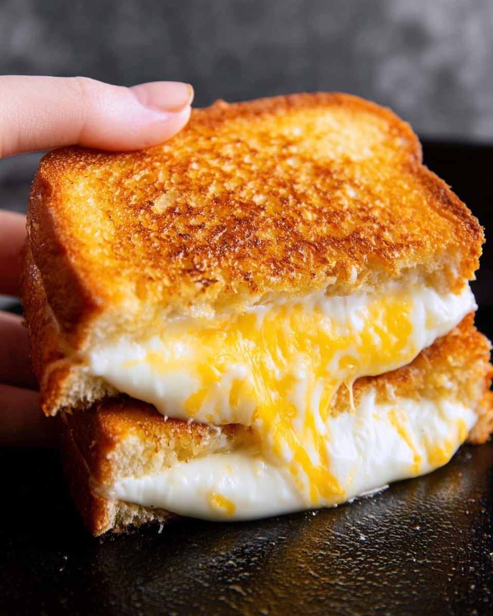 A close-up of a grilled cheese sandwich held by a woman's hand, showing two slices of golden-brown toasted bread with a crispy texture. Between the slices, there are two layers of melted cheese: a smooth, shiny white layer and a vibrant yellow layer that stretches as the sandwich is pulled apart, highlighting the gooey, stringy texture of the cheese. The sandwich sits on a dark surface with a slightly worn look replaced by a white marbled texture. photo taken with an iphone --ar 4:5 --v 7
