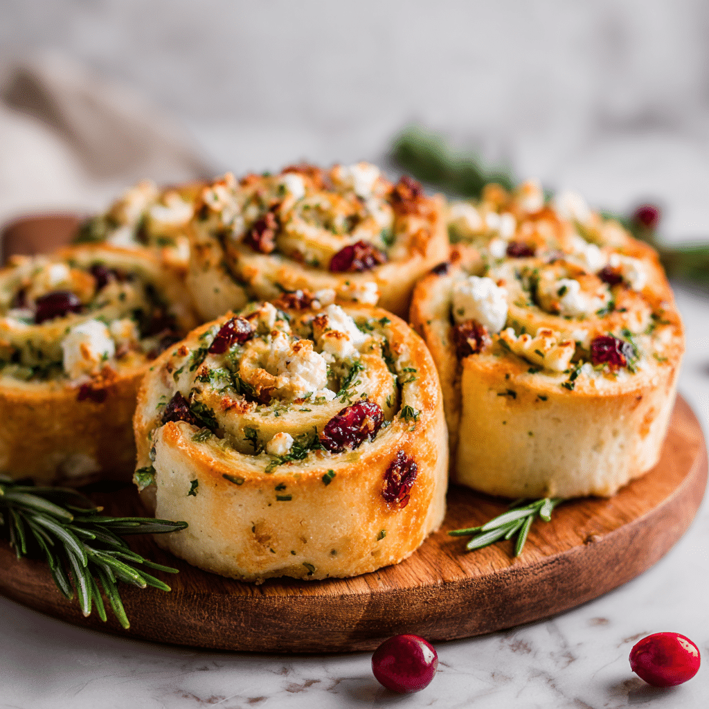 A close-up of four savory pinwheel pastries arranged closely together, each pastry showing about three visible layers: the outer golden-baked crust with a slightly crispy texture, a middle creamy white cheese and green herb layer with small leafy pieces, and a top layer rich with bright red dried cranberries or cherries, sprinkled with small white crumbles of cheese and finely chopped green herbs. The pinwheels sit on a white plate, with a few green sprigs of rosemary placed around them. The background is a white marbled texture. photo taken with an iphone --ar 4:5 --v 7