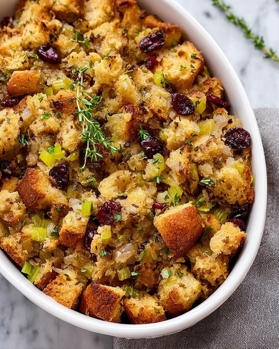The image shows a white oval dish filled with a baked stuffing made of several layers of chunky, golden-brown bread cubes with crisp edges. Mixed within are visible translucent chopped onions, bright green celery pieces, and small dark red cranberries scattered evenly throughout. The stuffing is garnished with small green herb leaves, and there is a sprig of fresh green thyme placed on top. The dish rests on a white marbled surface with part of a gray cloth napkin nearby. Photo taken with an iphone --ar 4:5 --v 7