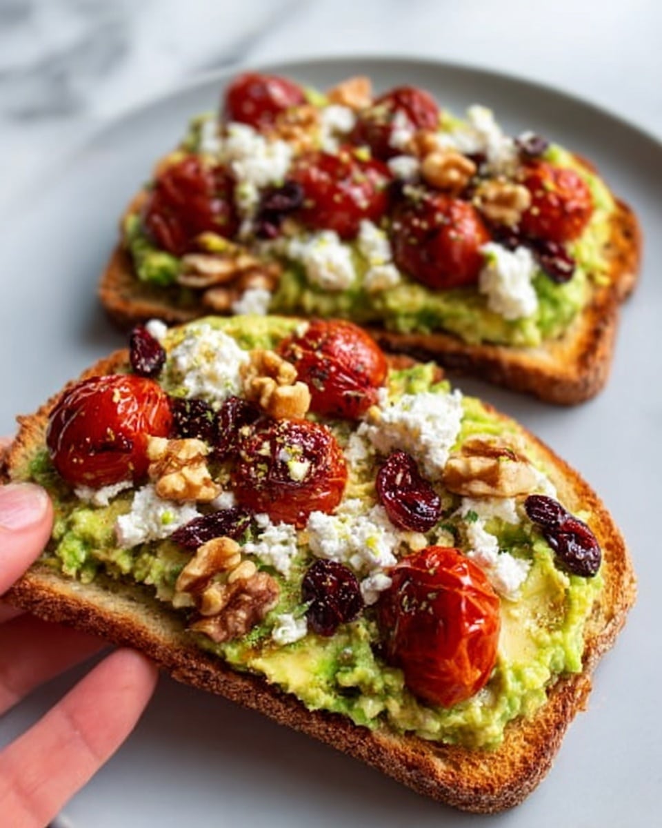 The image shows two slices of toasted bread on a white plate, placed on a white marbled surface. Each toast has a base layer of smashed green avocado spread evenly. On top of the avocado, there are scattered dollops of white crumbly cheese and whole roasted cherry tomatoes with a shiny red skin. Small bits of dark red sun-dried tomatoes and crunchy walnuts are spread over the cheese and tomatoes. A woman's hand is about to hold one of the toasts. photo taken with an iphone --ar 4:5 --v 7