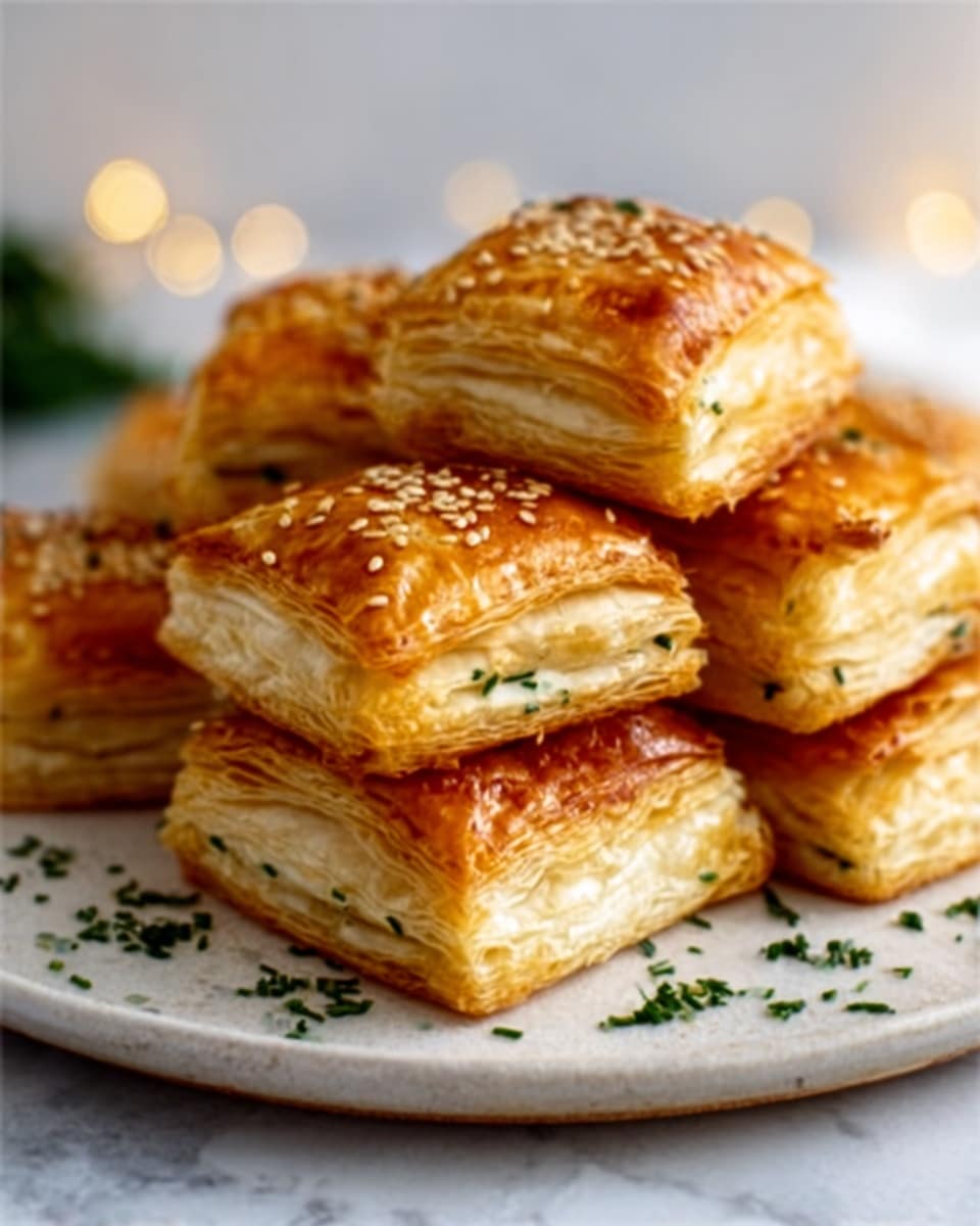 The image shows a white plate filled with golden brown square pastries, each with multiple flaky layers visible on the sides. The top layer of each pastry is shiny and crispy with a sprinkle of sesame seeds. The pastries are stacked in a neat pile on the plate, scattered with small green herb pieces around them. The plate rests on a white marbled surface, and the background is softly blurred. Photo taken with an iphone --ar 4:5 --v 7