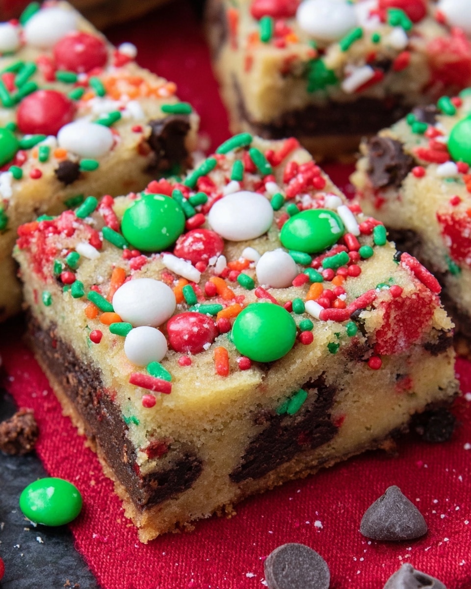 The image shows a white rectangular plate holding a stack of four thick dessert bars. Each bar has two layers: the base layer is a light golden cookie dough filled with dark brown chocolate chips and bright red and green candy pieces; the top layer is decorated with colorful sprinkles in red, green, and white, along with some chocolate chips scattered on the surface. The texture looks soft and slightly crumbly with a festive holiday theme. The background features pine branches with fake snow and bright red berries, all set on a white marbled texture surface covered partially by a red and green checkered cloth. Photo taken with an iphone --ar 4:5 --v 7