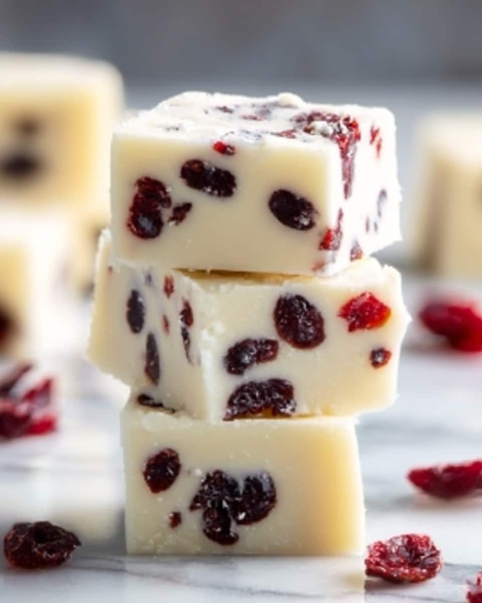 Three square pieces of white fudge with visible dark red dried cranberries inside are stacked on top of each other, each piece separated by a thin square of white parchment paper. The fudge looks smooth and creamy with slightly rough cranberry textures embedded unevenly. The top fudge piece is sprinkled lightly with coarse white sugar crystals. Around the stack, there are fresh red cranberries scattered on a wooden surface, with blurred bowls of cranberries and white chocolate in the background. The photo has soft lighting and a close-up focus. Photo taken with an iphone --ar 4:5 --v 7