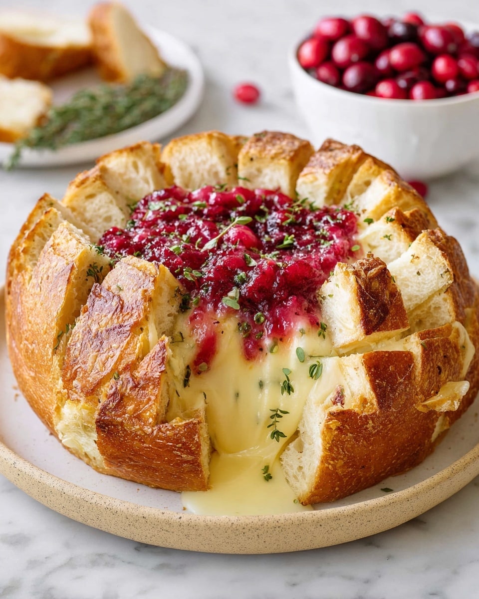 A round bread bowl with a golden brown crust has been cut into thick slices around the edges, revealing a creamy light yellow melted cheese layer inside. The center of the bread holds a bright red, chunky cranberry sauce topped with small green herb sprigs. The bread bowl sits on a white plate placed on a white marbled surface, with some crispy browned bread pieces and fresh crimson cranberries in a white bowl nearby. photo taken with an iphone --ar 4:5 --v 7