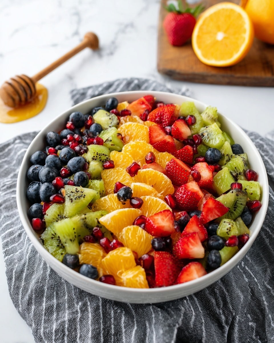 A white bowl filled with a colorful fruit salad that has five layers of visible fruits: large pieces of bright orange orange sections, sliced red strawberries, quartered green kiwi with tiny black seeds, round dark blue blueberries, and small red pomegranate seeds scattered throughout, all sprinkled with tiny black poppy seeds. The bowl is placed on a gray and white striped cloth on a white marbled surface; a wooden board with orange slices and a honey dipper with honey are partially visible near the top. Photo taken with an iphone --ar 4:5 --v 7
