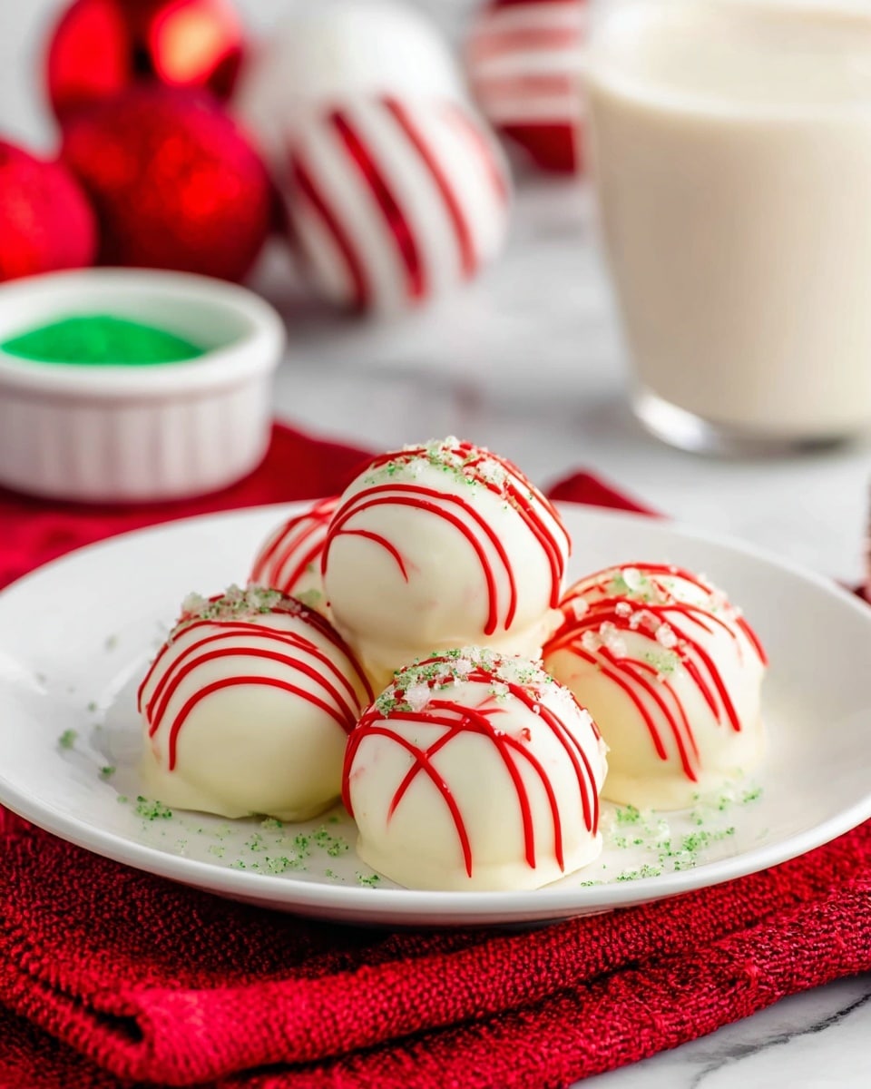 A close-up view of a round sweet treat being held by a woman's hand, showing one half with a soft, crumbly interior speckled with small red and green pieces, resembling sprinkles. The outer layer has two visible coatings: a thinner, smooth white layer directly covering the inside, and a thicker, shiny red layer on the outside with small green sprinkles on it. In the blurred background, a white marbled surface is seen with red and green round objects. photo taken with an iphone --ar 4:5 --v 7