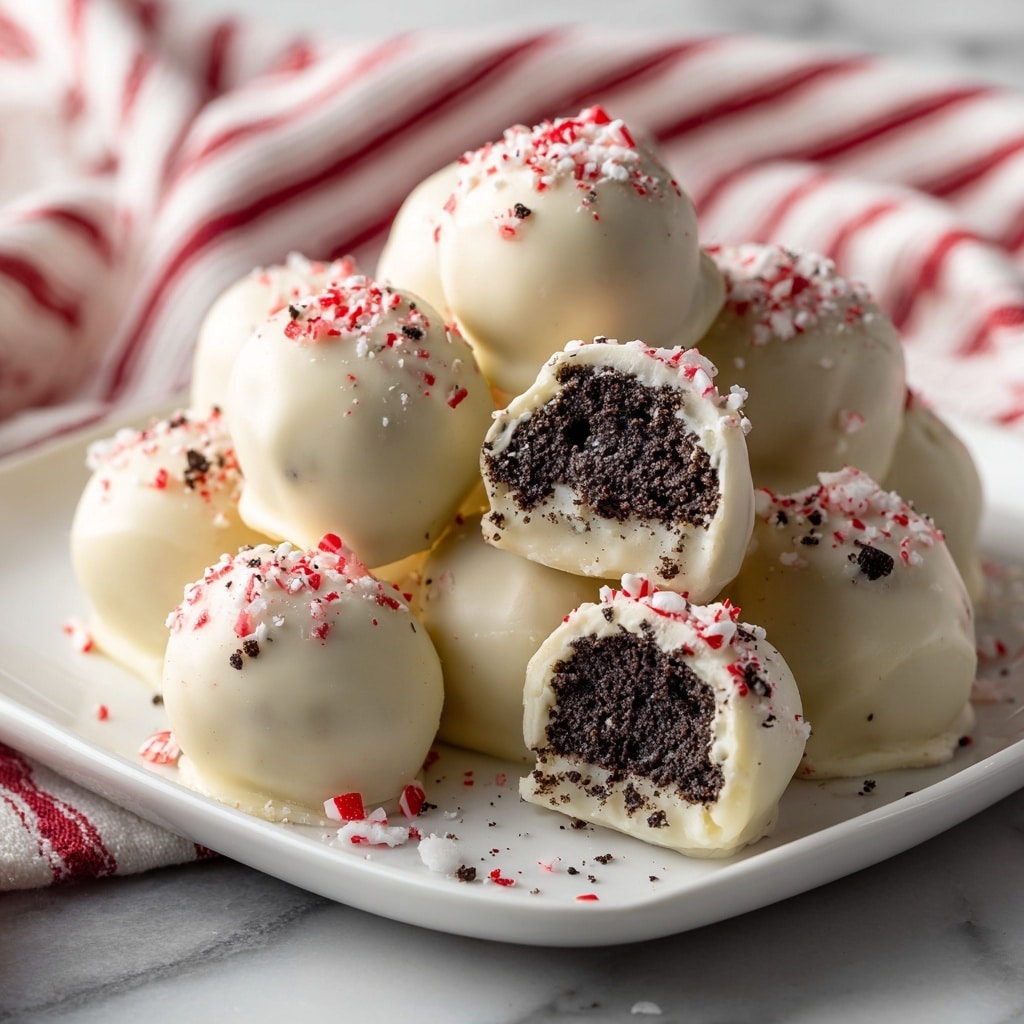A white square plate holds a pile of smooth, round peppermint truffles, each coated in white chocolate and sprinkled with small red and white crushed candy pieces on top. One truffle near the front is bitten into, revealing a dark, almost black, Oreo filling inside. The plate sits on a white marbled surface with red and white striped cloths draped around it in the background. The lighting is bright, highlighting the glossy texture of the white chocolate coating. Photo taken with an iphone --ar 4:5 --v 7