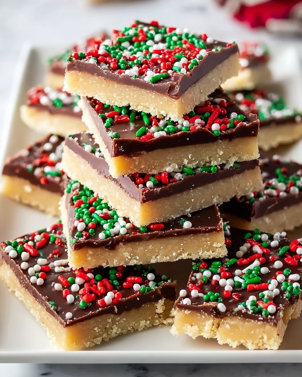 A stack of square treats arranged on a white rectangular plate, each piece showing two clear layers: a thick, light tan bottom layer with a rough texture, and a smooth, dark brown chocolate layer on top. The chocolate layer is sprinkled with red, green, and white slim sprinkles and small round white nonpareils, creating a festive look. The treats are stacked in a casual pile on a white marbled surface. photo taken with an iphone --ar 4:5 --v 7