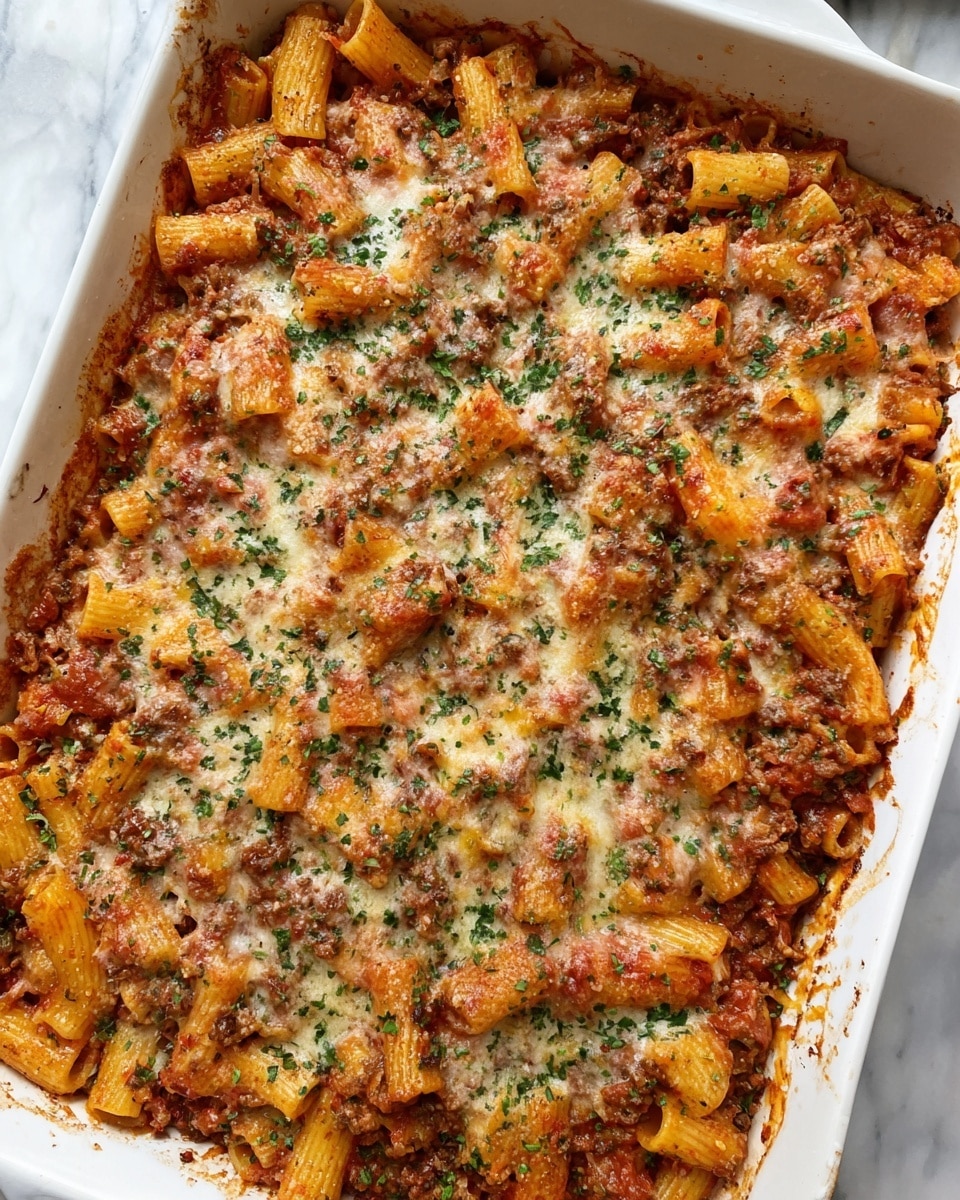 A close-up of a baked pasta dish in a white square baking dish, showing two visible layers: the bottom layer with rigatoni pasta mixed in a thick red tomato sauce with ground meat and herbs, and the top layer featuring melted white cheese stretching as a white woman’s hand lifts a portion with a spatula, highlighting a gooey texture mixed with tomato sauce and bits of meat. The pasta is coated in sauce with some browned, crispy edges around the sides of the dish. The background features a white marbled surface and a blue cloth. photo taken with an iphone --ar 4:5 --v 7