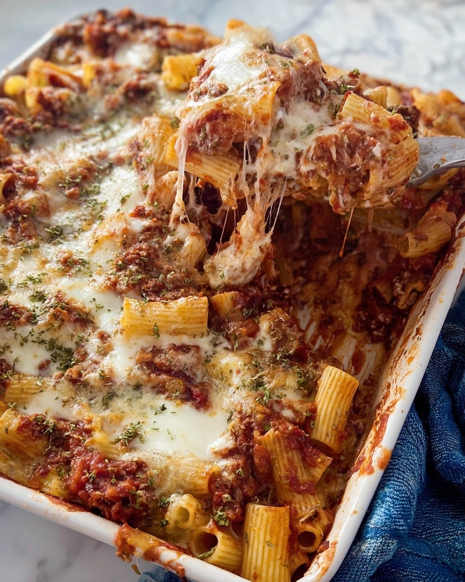 The image shows a baked pasta dish in a white rectangular baking dish placed on a white marbled surface. The dish has one visible layer, consisting of rigatoni pasta mixed with melted cheese and a rich tomato meat sauce. The pasta is golden-brown and slightly crispy on the edges, with bits of herbs sprinkled on top, adding green flecks over the reddish-brown saucy texture. The cheese is melted and bubbly, blending smoothly with the thick, chunky meat sauce. The edges of the dish show some baked-on sauce, hinting at the dish's fresh oven baking. Photo taken with an iphone --ar 4:5 --v 7