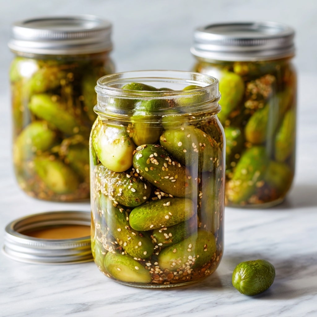 A clear glass jar filled with small green pickles submerged in light yellow brine with tiny white seeds and spices visible inside. The pickles vary in size and shape, some whole and some sliced, tightly packed in the jar. The jar sits on a white marbled surface, slightly open with a silver metal lid beside it. The background shows two more similar jars softly out of focus. photo taken with an iphone --ar 4:5 --v 7