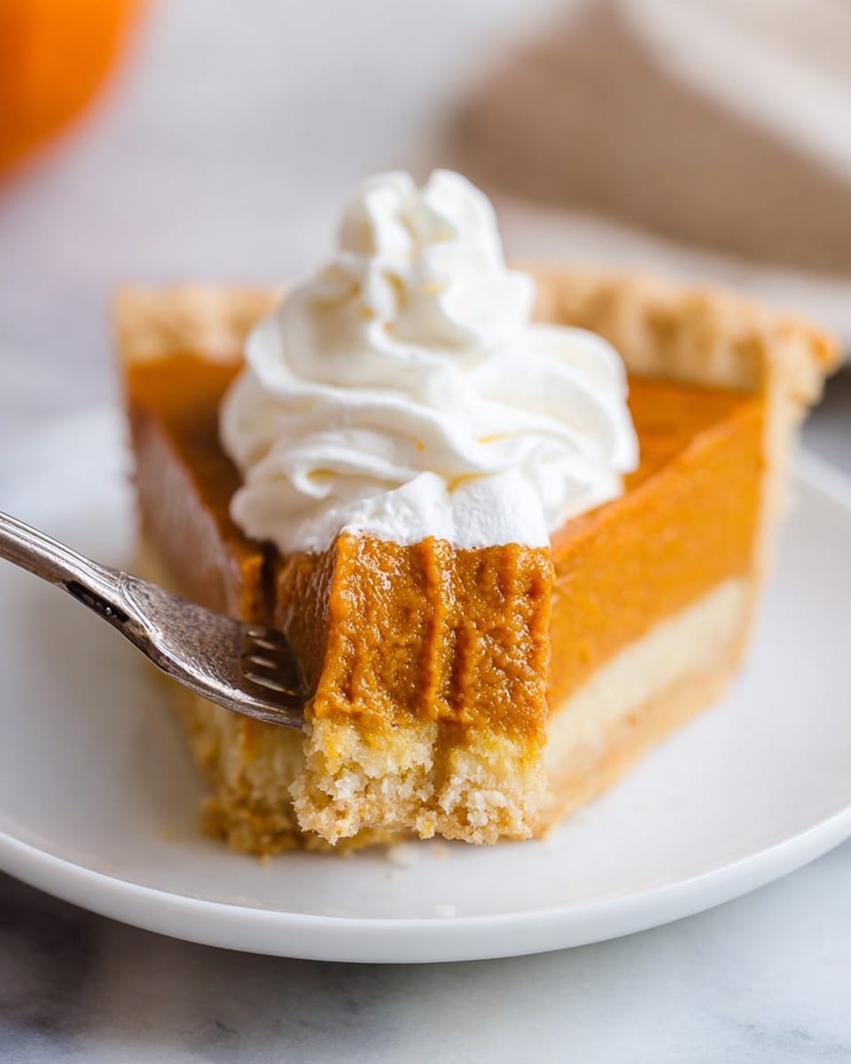 A slice of pumpkin pie sits on a white plate with a white marbled background. The pie has three layers: the bottom layer is a light tan crust that looks flaky, the middle layer is a thick, smooth pumpkin filling in a deep orange color, and the top layer is a swirl of fluffy white whipped cream. A silver fork holding a bite-sized piece of pie with both the orange pumpkin filling and whipped cream angled towards the camera, highlighting the textures. Photo taken with an iphone --ar 4:5 --v 7