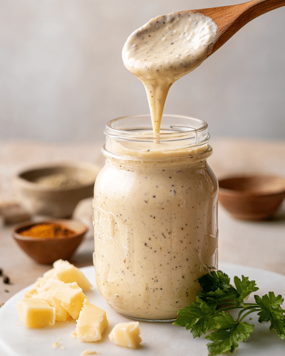 A clear glass jar filled with a thick creamy sauce that is light beige with small dark specks, showing a smooth yet slightly textured surface. Above the jar, a wooden spoon covered with the same sauce is being lifted, with the sauce dripping back into the jar, showing its creamy and rich texture. In the foreground, there are small pale yellow chunks of cheese and a sprig of fresh green parsley placed on a white marbled surface. The background is softly blurred with neutral tones and small bowls holding spices, creating a simple, clean kitchen atmosphere. Photo taken with an iphone --ar 4:5 --v 7