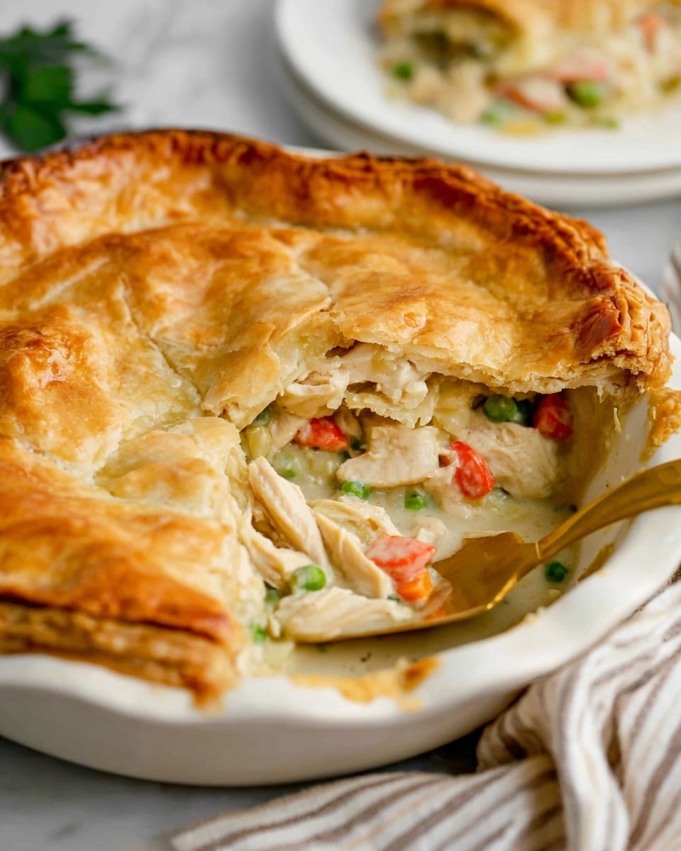 A round pie in a white ceramic dish with a golden-brown flaky top crust that looks crispy and slightly puffed. One slice has been cut and partially removed with a golden spatula, showing the creamy filling inside with layers of white chicken chunks, small orange carrot pieces, and bright green peas in a smooth, pale sauce. The dish is placed on a white marbled surface with a striped cloth nearby, and there is a blurred second white plate of pie in the background. Photo taken with an iphone --ar 4:5 --v 7