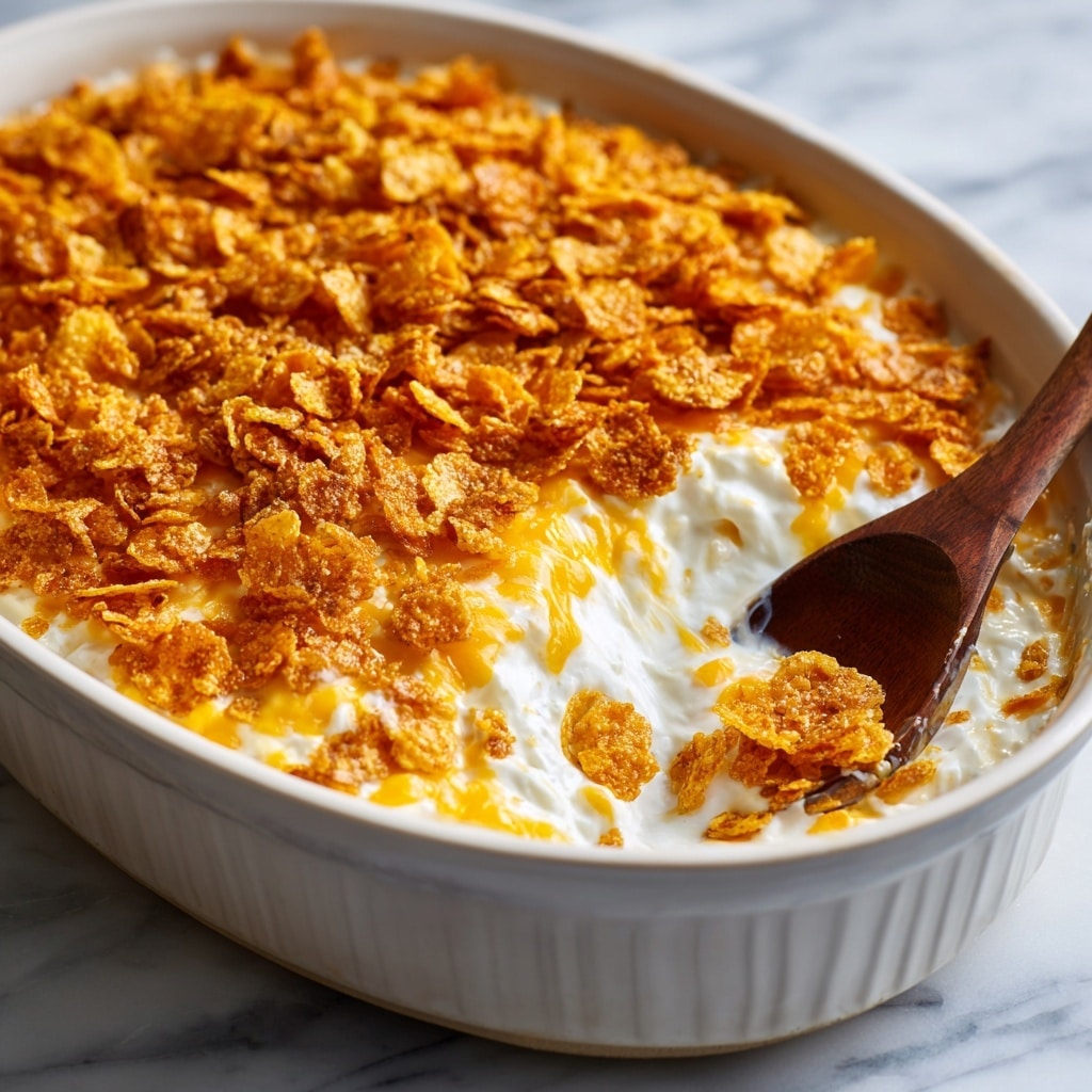 The image shows a glass baking dish with a creamy casserole that has two main layers: the bottom layer is smooth and pale, creamy white in color with a soft texture, while the top layer is a crunchy golden-brown cornflake crust that covers the whole surface. A scoop has been taken out from the bottom right corner, revealing the thick creamy base beneath the crunchy topping. A white plate with blue trim holds a serving of the casserole, showing the contrast between the creamy inside and crispy outside. The scene is set on a white marbled surface with a black and white cloth visible in the background. Photo taken with an iphone --ar 4:5 --v 7