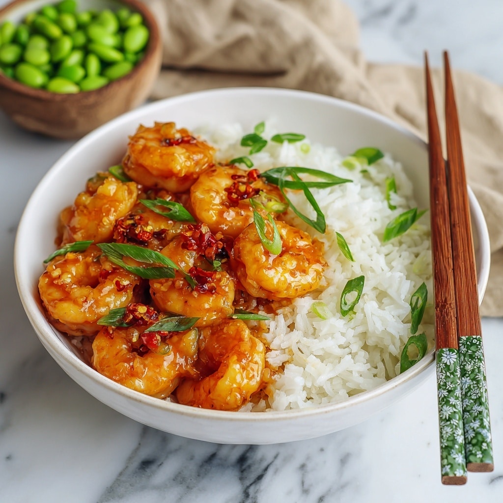 A white bowl filled with a base layer of fluffy white rice, topped with a generous pile of shiny, golden-orange glazed shrimp that look juicy and cooked perfectly. The shrimp are coated in a slightly sticky sauce with small bits of garlic and chili flakes visible, adding texture and color. Bright green chopped scallions are sprinkled over the shrimp, adding a fresh contrast to the warm colors. A pair of wooden chopsticks rests on the edge of the bowl, set against a white marbled background. Photo taken with an iphone --ar 4:5 --v 7