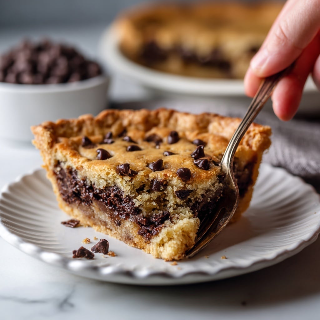 A slice of thick chocolate chip cookie pie with a golden-brown, slightly cracked top layer filled with melted dark chocolate chips, resting on a white scalloped plate. The background shows a white bowl filled with dark chocolate chips and the pie plate in the back, all set on a white marbled surface. A woman’s hand is holding a vintage silver fork next to the plate, ready to dig in. The pie crust looks soft and chewy with gooey chocolate inside. Photo taken with an iphone --ar 4:5 --v 7